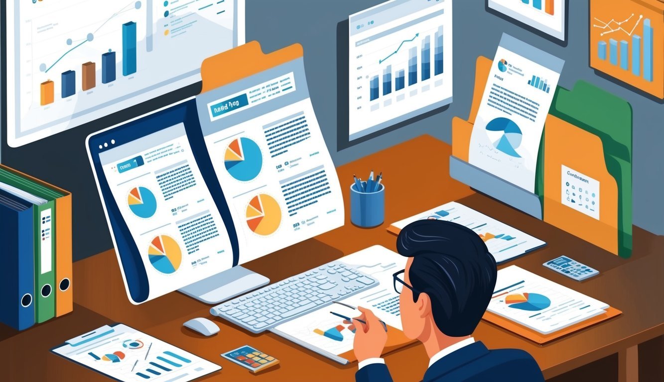 A risk manager reviewing documents at a desk with a computer and file folders, surrounded by charts and graphs