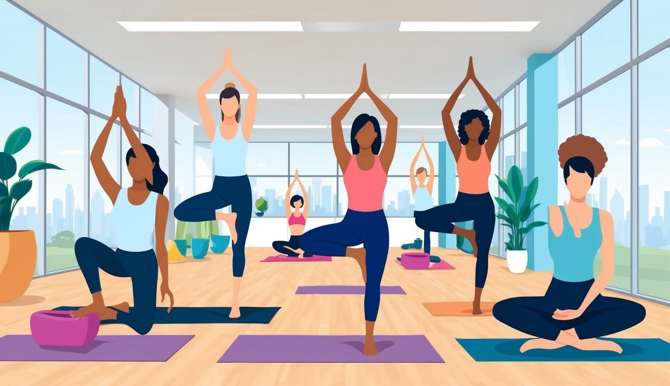 A group of employees engaging in various wellness activities, such as yoga, meditation, and exercise, in a bright and modern office space