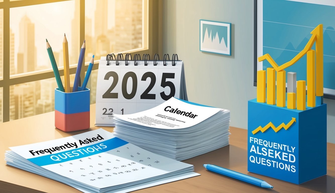 An office desk with a calendar set to 2025, a stack of papers labeled "Frequently Asked Questions," and a graph showing an upward trend