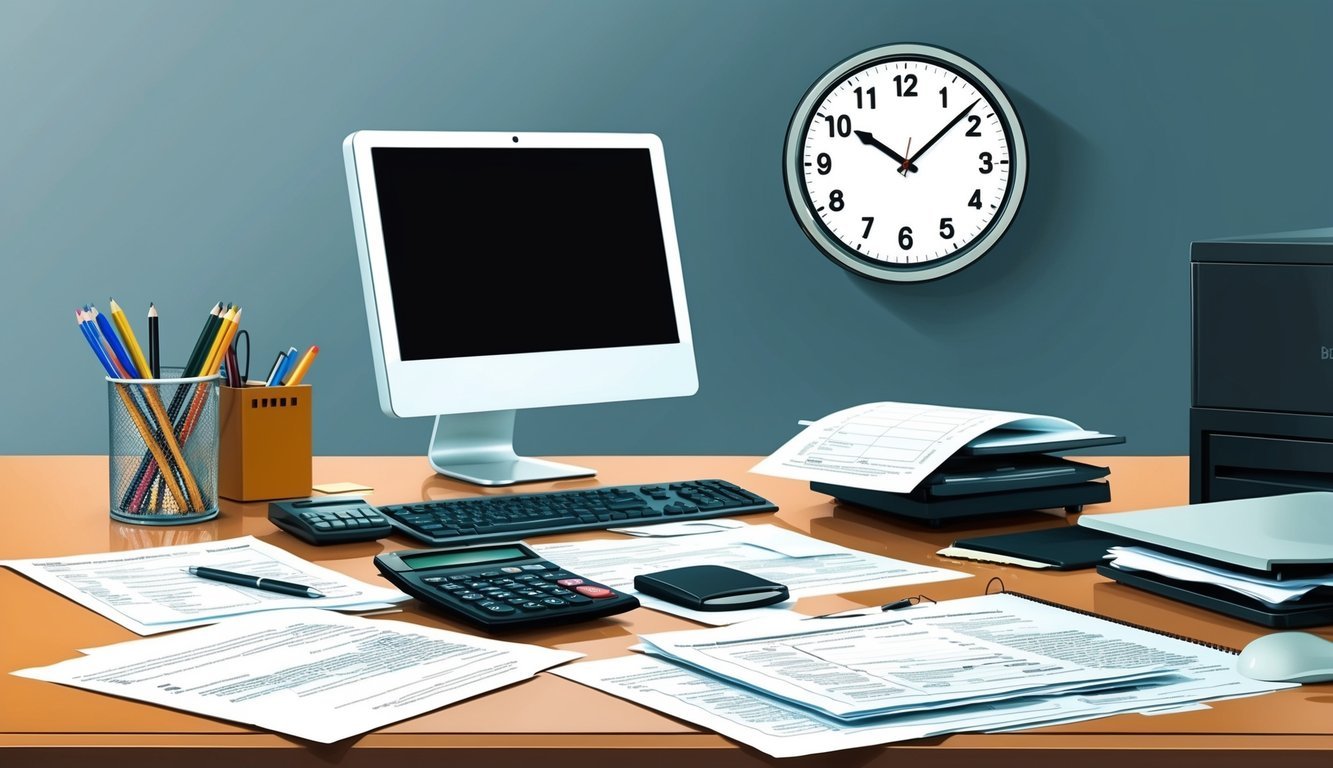 An office desk with a computer, calculator, and paperwork scattered around.</p><p>A clock on the wall shows it's past regular working hours