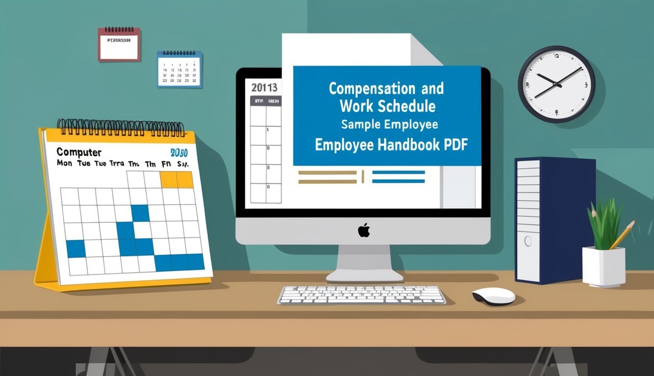 A desk with a computer, calendar, and clock.</p><p>A document labeled "Compensation and Work Schedule Sample employee handbook pdf" open on the screen