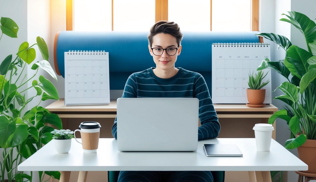 A person sitting at a desk with a laptop and a cup of coffee, surrounded by plants and natural light, with a calendar and a yoga mat in the background