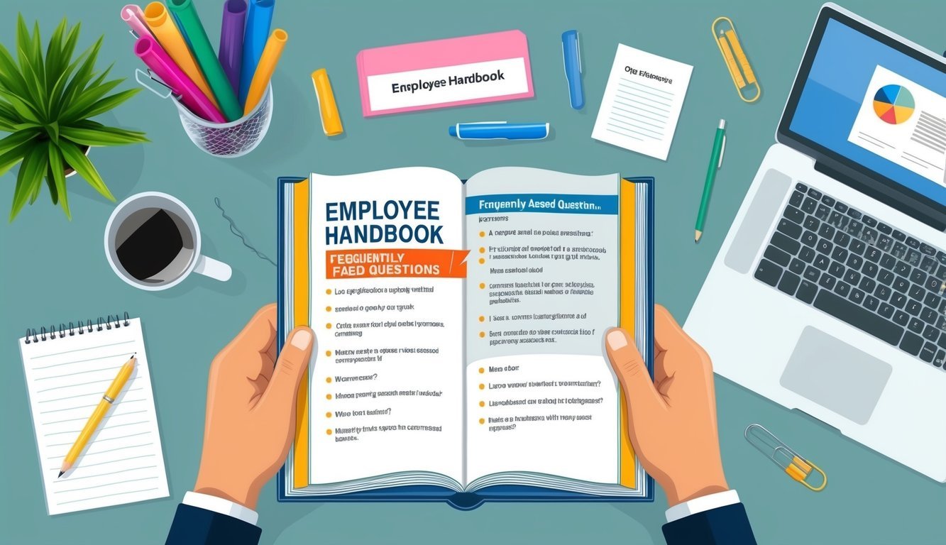 An open employee handbook with a "Frequently Asked Questions" section highlighted, surrounded by office supplies and a computer