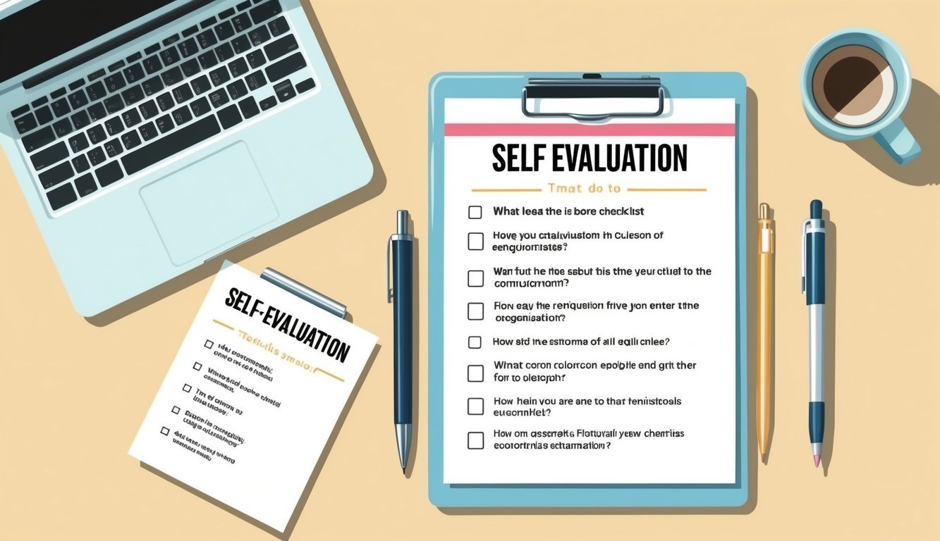 A desk with a laptop, pen, and paper.</p><p>A checklist with questions on self-evaluation.</p><p>Bright, natural lighting