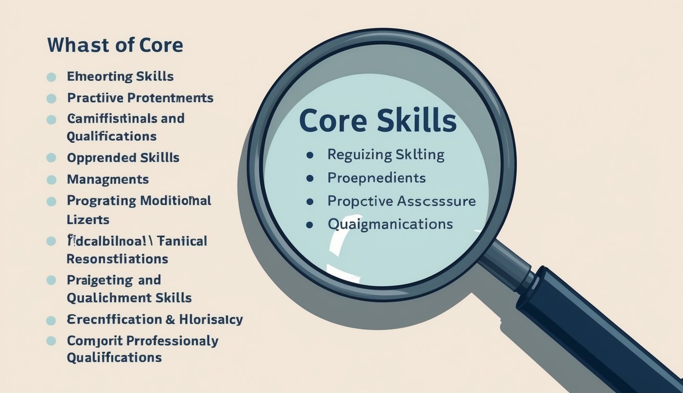 A magnifying glass focusing on a list of core skills and qualifications