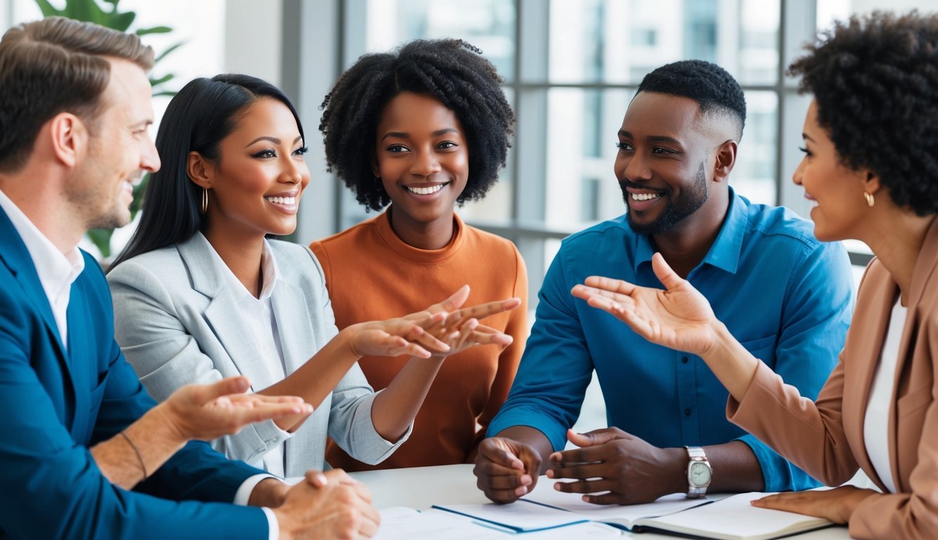 A group of people engaged in conversation, gesturing and smiling while discussing soft skills