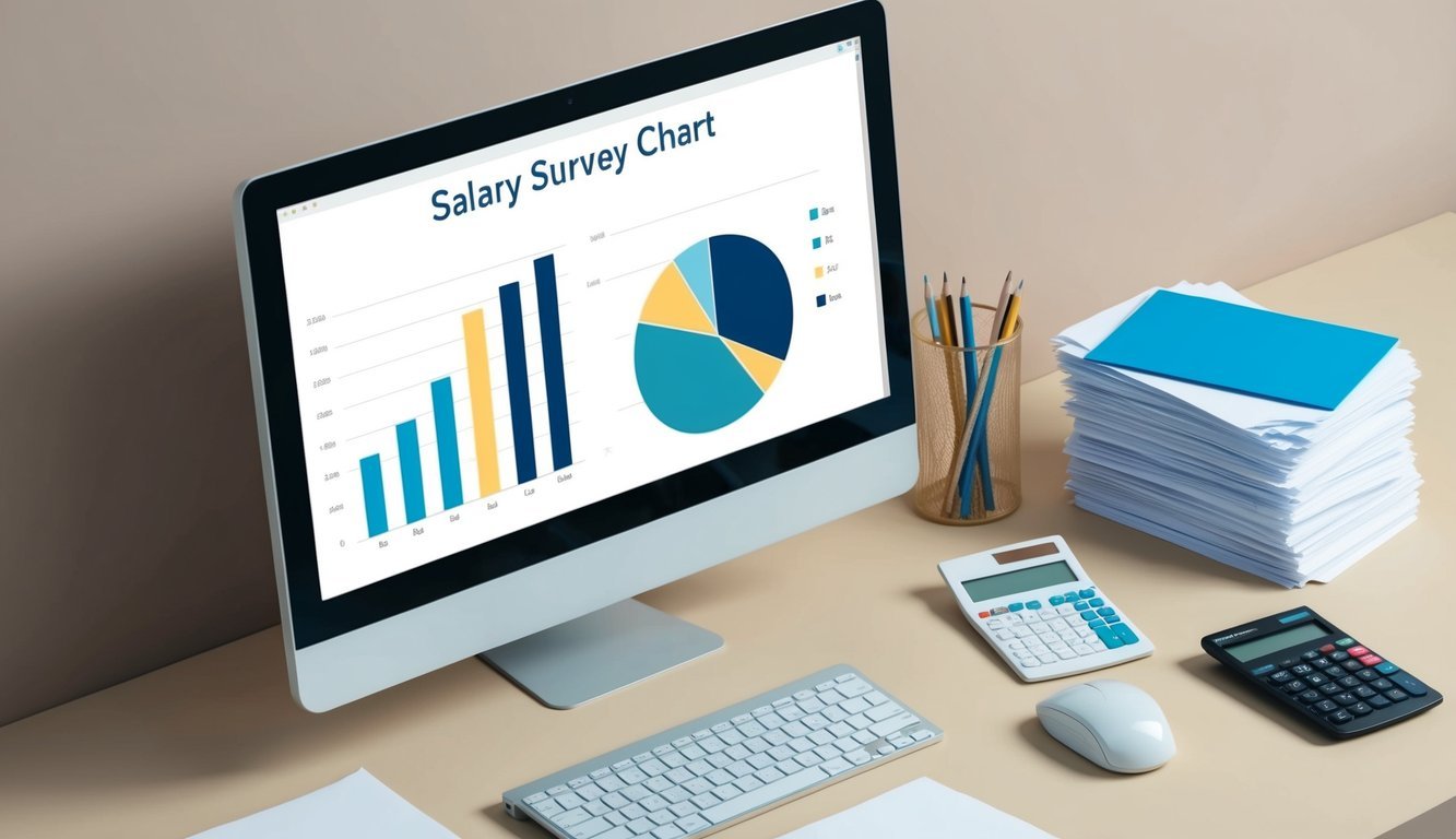 A computer screen displaying a salary survey chart with a bar graph and pie chart, surrounded by a stack of papers and a calculator