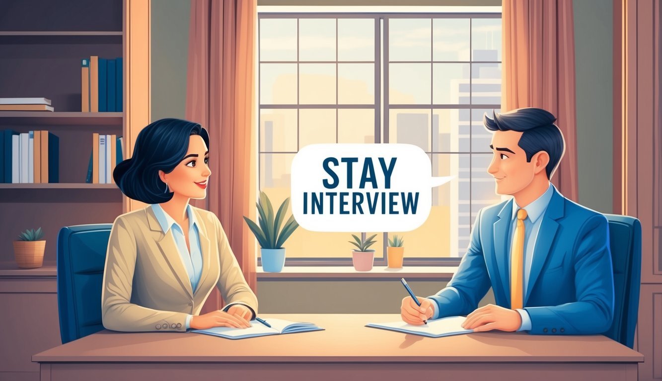 A manager and employee sit in a cozy office, discussing a "Stay Interview." The manager listens attentively as the employee asks questions