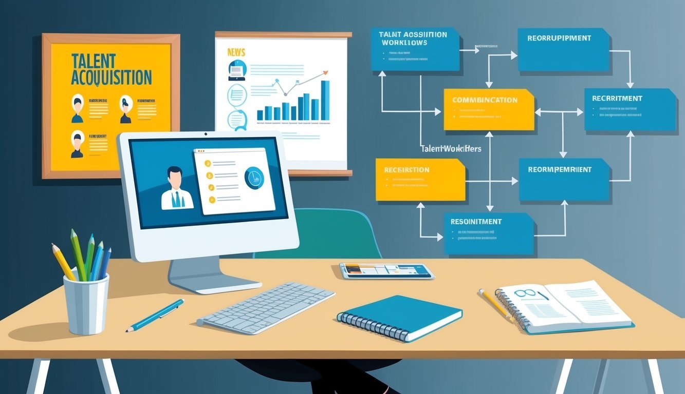 A modern office desk with a computer, notebook, and pen.</p><p>A bulletin board displays talent acquisition news and a flowchart outlines recruitment workflows