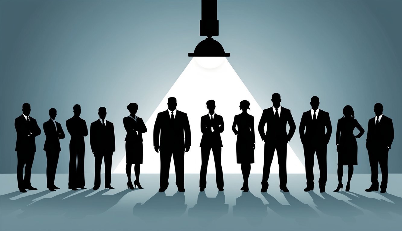 A diverse group of silhouetted figures stand together, each one unique in shape and size.</p><p>A spotlight shines on them, symbolizing equity and inclusion in the workplace