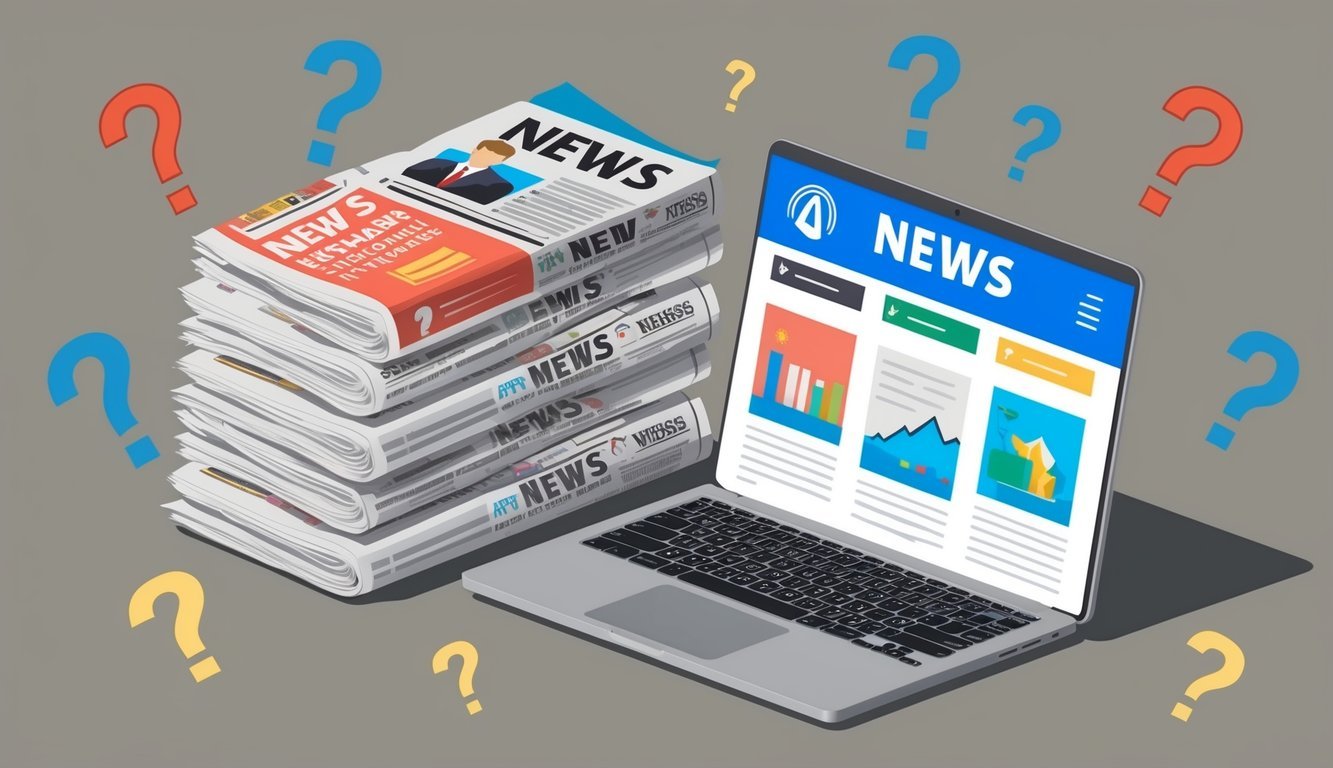 A stack of newspapers and a laptop with a news website open, surrounded by question marks and exclamation points