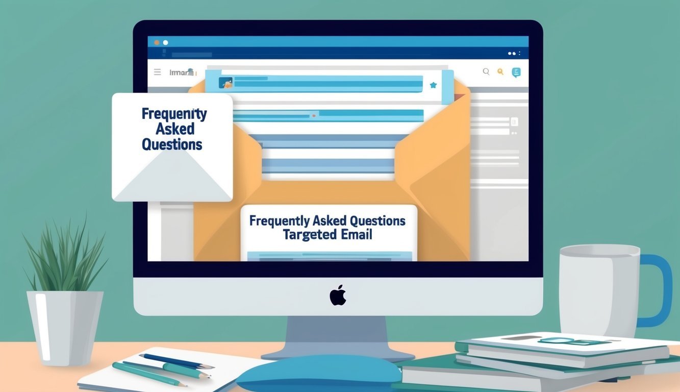 A computer screen with an inbox filled with emails labeled "Frequently Asked Questions Targeted email."