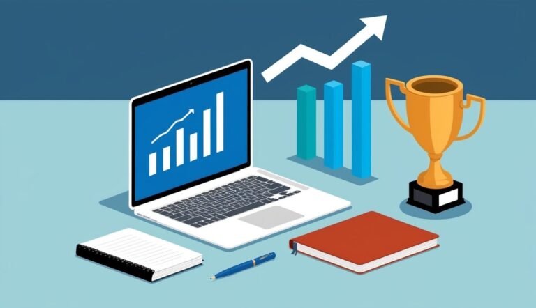 Laptop with chart, trophy, books, pen, and upward trend arrow