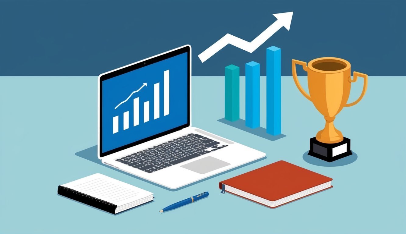 Laptop with chart, trophy, books, pen, and upward trend arrow