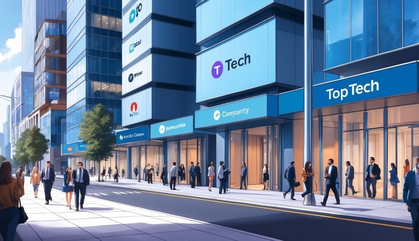 Modern office buildings with tech company signs and people walking on the sidewalk