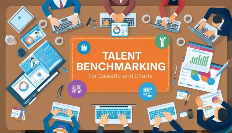 Overhead view of people at a table with laptops and "Talent Benchmarking" text