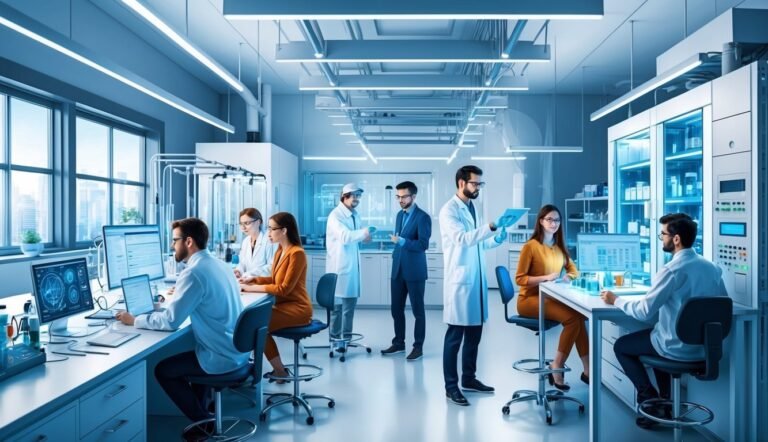 People in lab coats working in a modern, well-lit science lab