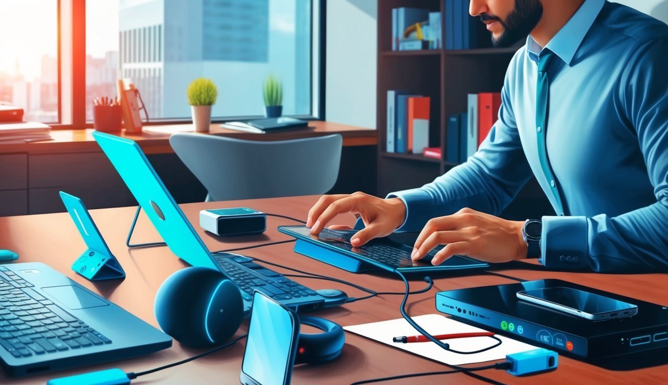 Man working on a laptop at a desk with multiple devices