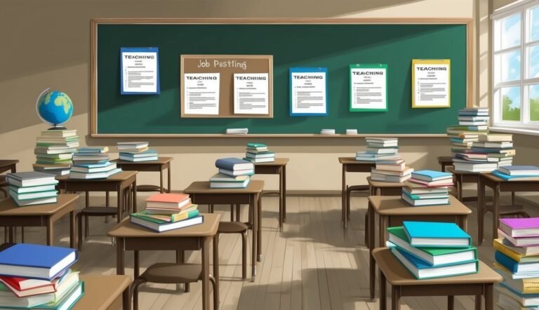 Classroom with desks, books, globe, and job postings on the chalkboard