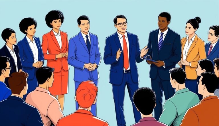 Diverse group of business people in suits, some facing the audience
