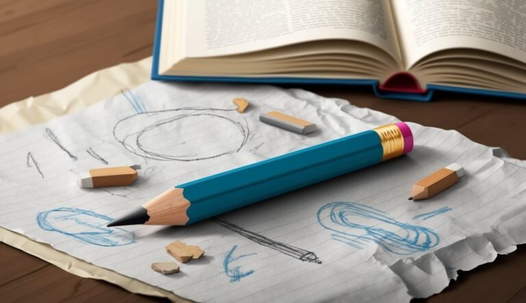 Blue pencil, paper with doodles, erasers, and an open book on a table