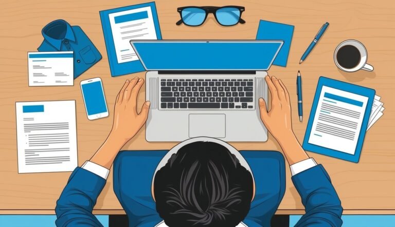 Person working at a desk with laptop, documents, coffee, and other office supplies