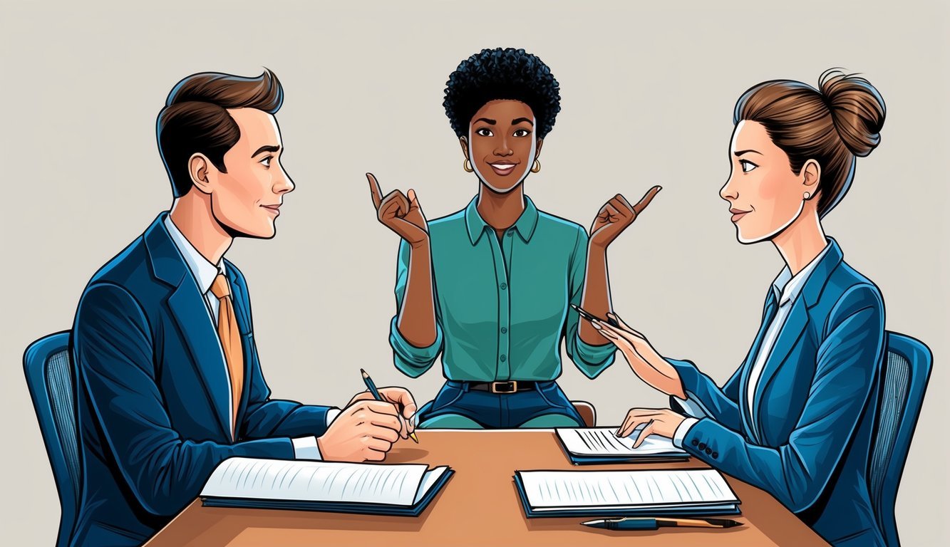 A person sitting across from an interviewer, speaking confidently and gesturing to emphasize key points.</p><p>The interviewer listens attentively, taking notes and nodding occasionally