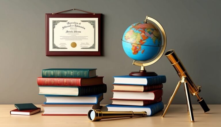 Books, globe, telescope, and diploma on a desk, education concept