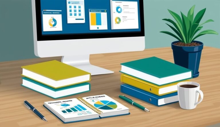 Desk with computer, books, coffee, and charts displayed on screen