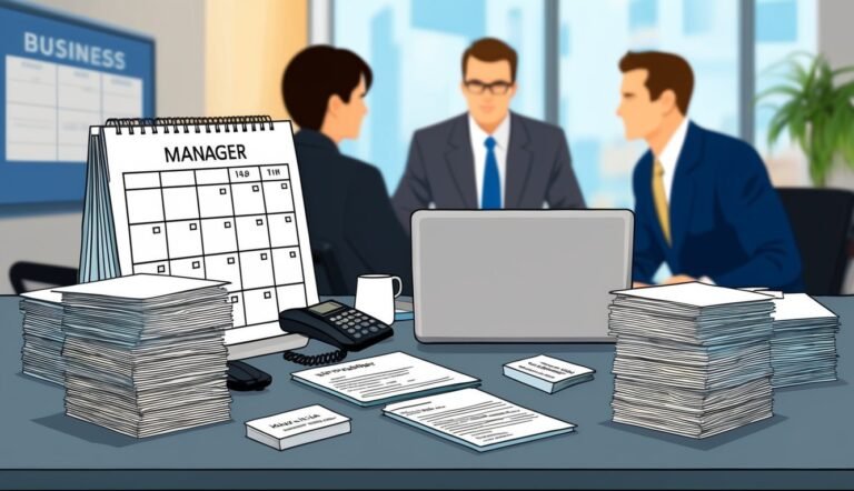 Business meeting with manager's desk, calendar, and stacks of paperwork