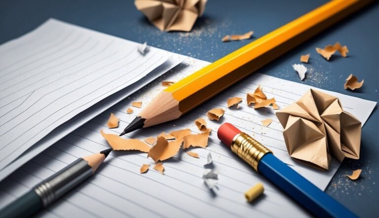 Pencils, paper, and crumpled paper on a blue surface, writing concept
