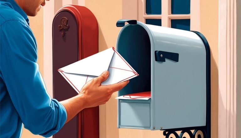 Man putting a letter in a blue mailbox next to a red door