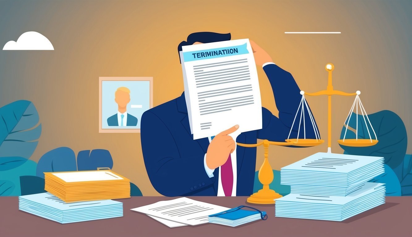 Man holding termination document, scales of justice, and stacks of paperwork