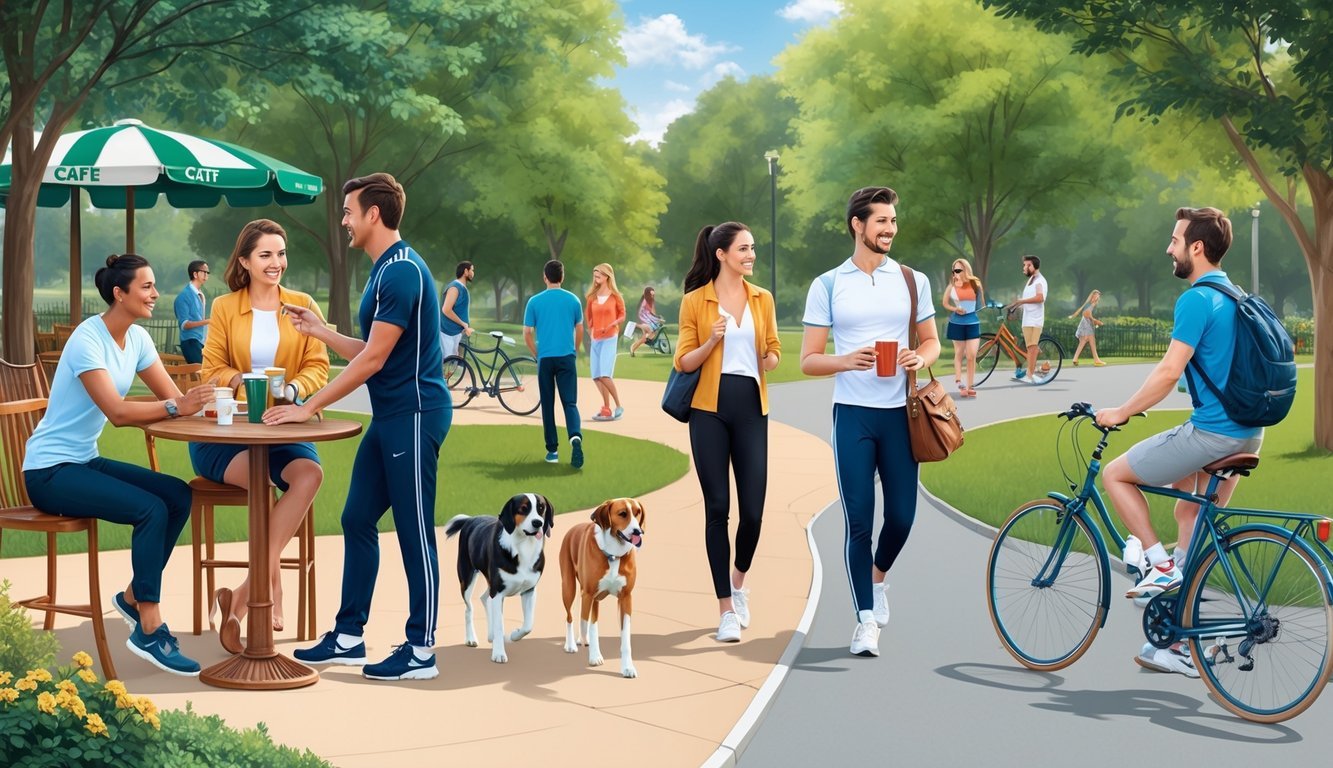 People playing sports, chatting at a cafe, walking dogs, and biking in a park