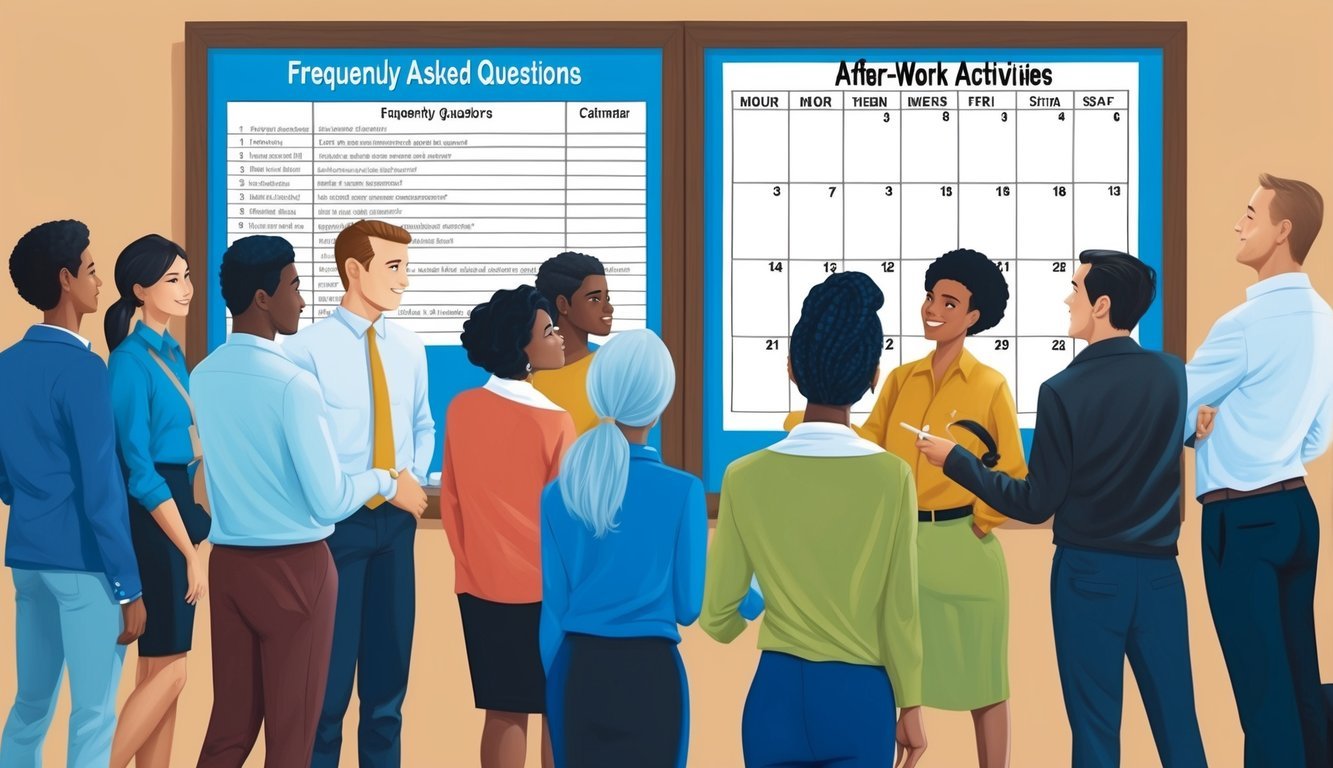 People gathered around a bulletin board with a list of frequently asked questions and a calendar of after-work activities