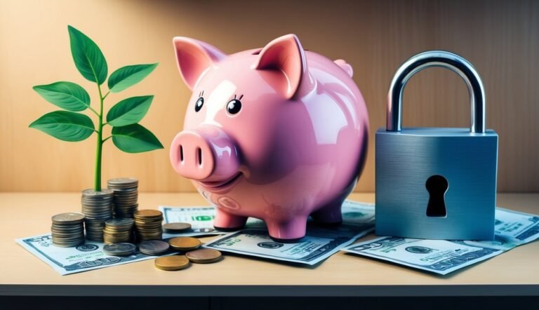 Piggy bank, padlock, money, and growing plant on a table