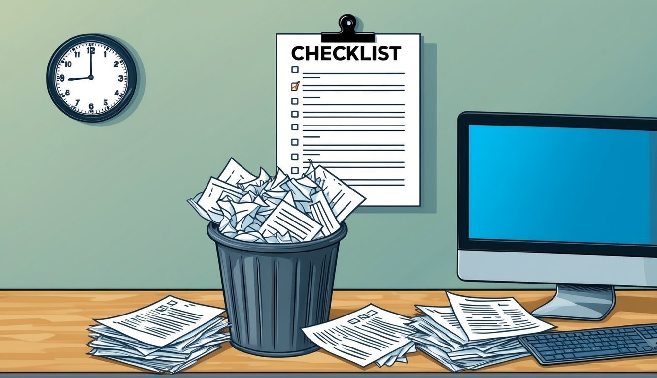 Desk with checklist, clock, trash can, papers, and computer