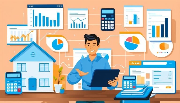 Man with tablet surrounded by charts, calculators, and a house illustration