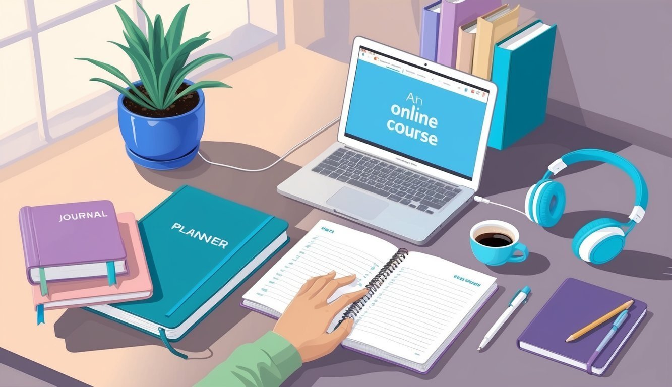 Laptop with online course, notebooks, headphones, and coffee on a desk