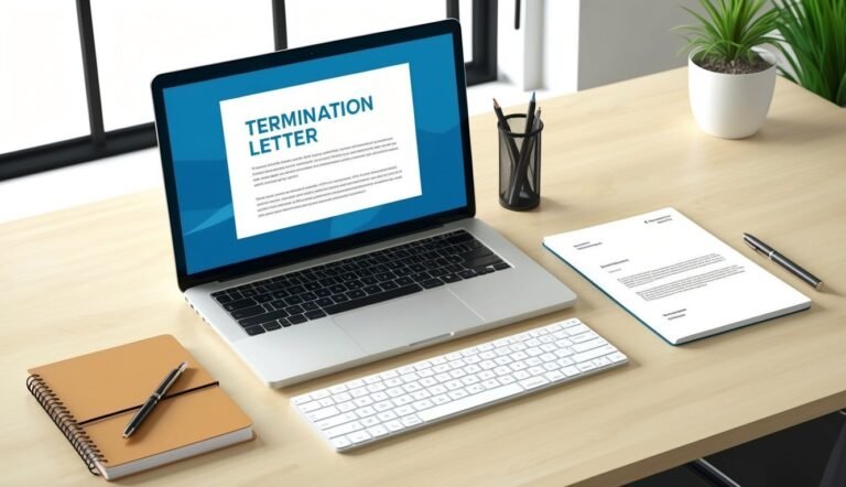 Laptop displaying a termination letter, with notepad, keyboard, and pen on desk