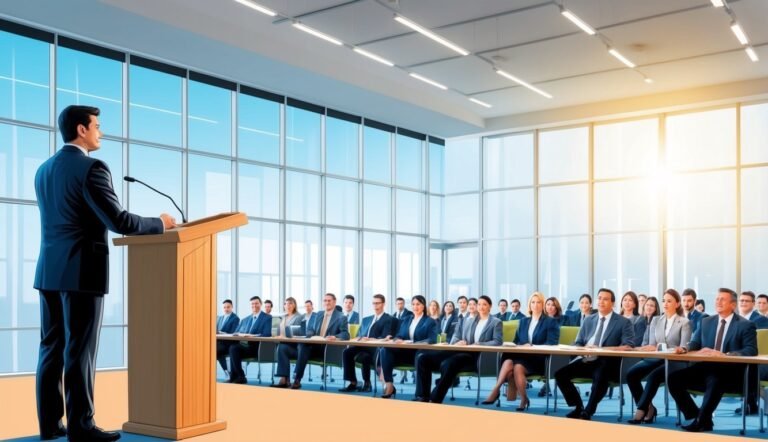 Man giving a presentation at a podium to a seated audience