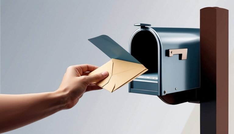 Hand putting a letter into a blue mailbox with the door open
