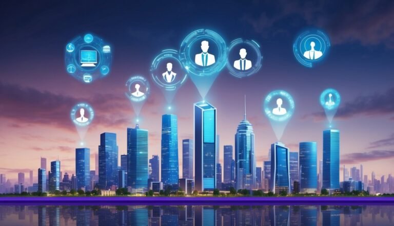 City skyline with glowing icons of people and technology