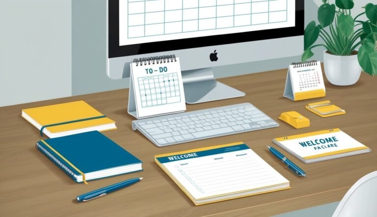 Desk with computer, notebooks, calendars, keyboard, and a potted plant