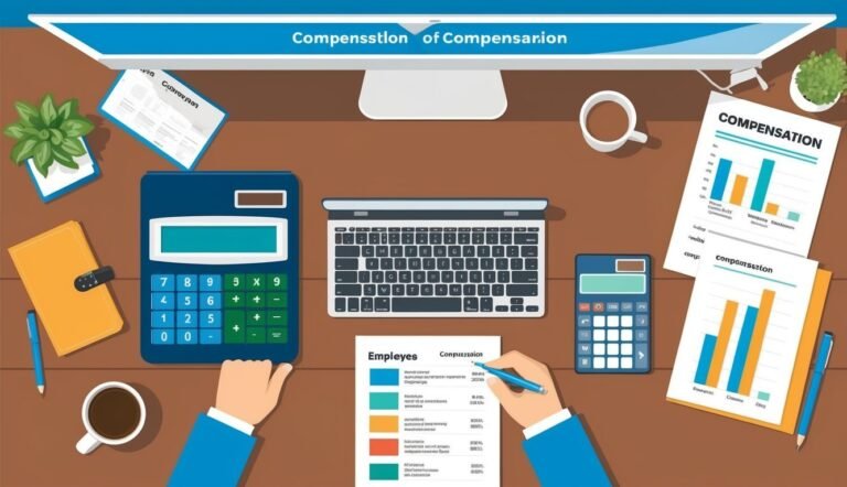 Office desk with calculators, documents, and a person working on compensation
