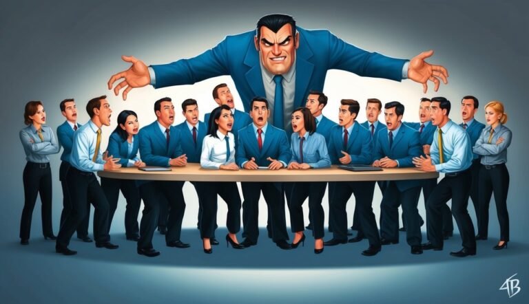 Giant boss looming over a terrified group of business people at a table