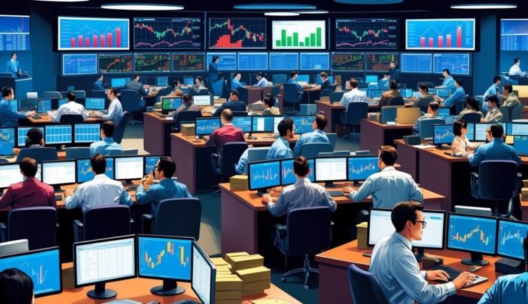Stock traders working at computers in a trading room with screens displaying charts