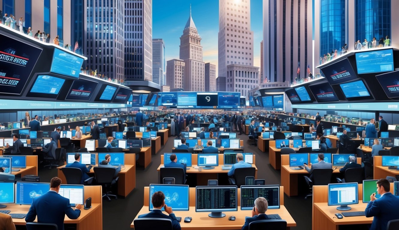 A bustling trading floor with people in front of computer screens, phones, and large digital displays, surrounded by skyscrapers in a financial district