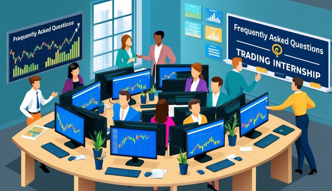 A bustling office with people interacting, computer screens displaying stock charts, and a board with "Frequently Asked Questions Trading Internship" prominently displayed