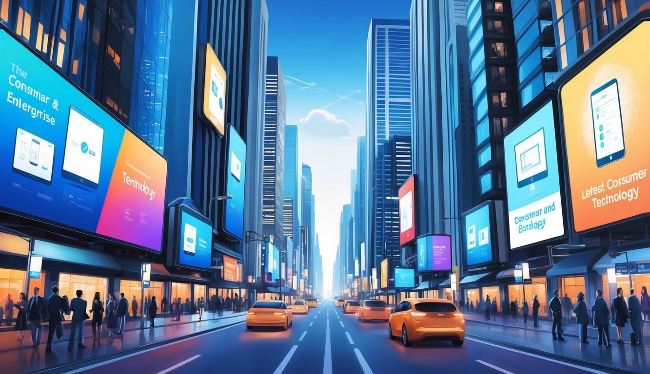 A bustling city street with towering skyscrapers and glowing digital billboards showcasing the latest consumer and enterprise technology